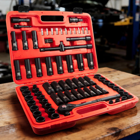Open case of Beast Half Inch Drive Impact Socket Set 72 Piece Includes 6 And 12 Point Sockets Deep And Shallow Cr V Steel Metric And SAE
