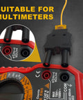 HVAC temperature clamp with banana plug adapter and K-type thermocouple probes on a handheld multimeter, front view.