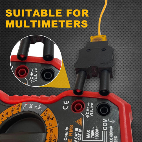 HVAC temperature clamp with banana plug adapter and K-type thermocouple probes on a handheld multimeter, front view.