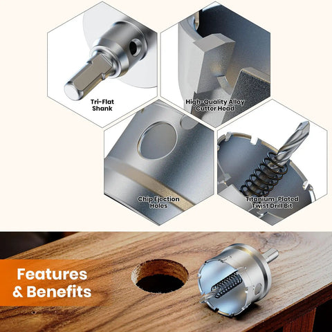 Close-up of Heavy Duty 2 Pack Hole Saw Set 1-1/4 Inch 32mm With HSS Pilot Bit and Tungsten Carbide Grit Edge on wood.