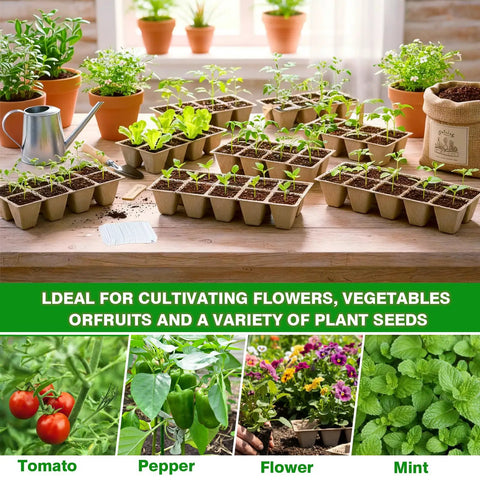 120 Cell Seed Starter Tray Kit with germination peat pots and 100 labels, seedlings sprouting indoors with plants and tools.