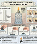 Infographic showing how to use 6-Inch Fiberglass Replacement Wicks For Outdoor Glass Torches, with steps and specifications.