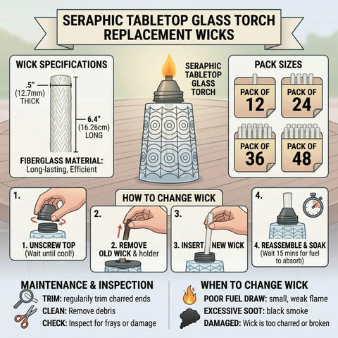 Infographic showing how to use 6-Inch Fiberglass Replacement Wicks For Outdoor Glass Torches, with steps and specifications.