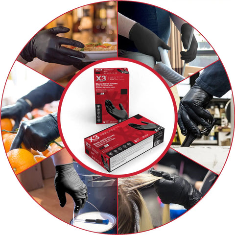 Collage of Black Nitrile Gloves 3 Mil Disposable for Cooking and Food Prep, Latex Free, Powder Free, Textured Grip in various tasks.