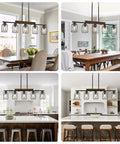 The Real Deal Five Light Farmhouse Chandelier With Slick Vintage Iron Frame And Crisp Clear Shades Giving Off Clean Modern Industrial Lighting Vibe For Dining Room Table Centerpiece in a kitchen setting.