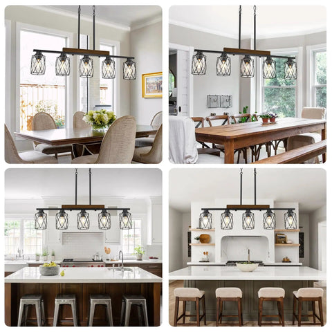 The Real Deal Five Light Farmhouse Chandelier With Slick Vintage Iron Frame And Crisp Clear Shades Giving Off Clean Modern Industrial Lighting Vibe For Dining Room Table Centerpiece in a kitchen setting.