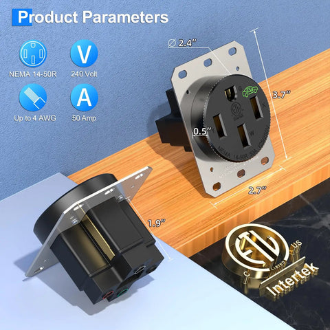 Dimensions of Beefy 50 Amp EV Outlet 14 50R Receptacle For 240V Level 2 Charging, ETL listed, NEMA 14-50R Industrial Grade.