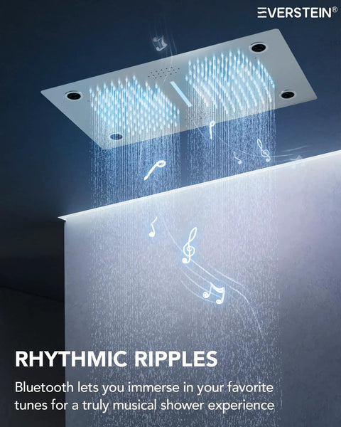Game Changing Bathroom Shower System With 28 Inch Led Waterfall Head, showcasing Bluetooth speaker and LED lighting.