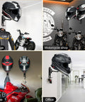 Two Pack Wall Mounted Helmet Holder with 180 Degree Rotating Rack and Dual Hooks displayed in various settings