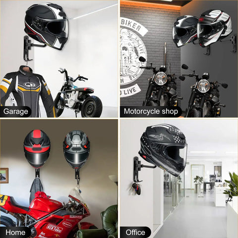 Two Pack Wall Mounted Helmet Holder with 180 Degree Rotating Rack and Dual Hooks displayed in various settings