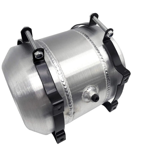Two Gallon Aluminum Spun Round Gas Tank With Eight By Ten Inch Body Center Fill Quarter Inch NPT Outlet Includes Rust Free Mounting Brackets