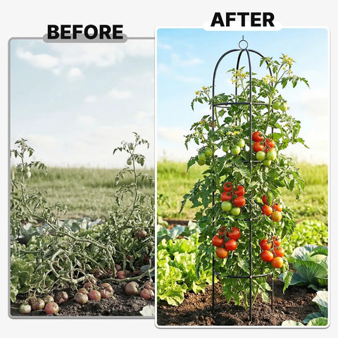 Heavy Duty Metal Climbing Plant Trellis Outdoor Freestanding Six Point Three Foot Tall Upgrade 100 Percent Metal With Powder Coating Built Tough For Roses Flowers Grapes Peas Cucumbers Tomatoes Cage before and after use in garden.