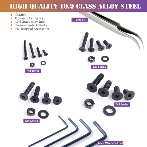 860 Piece All In One Metric M2 M3 M4 M5 Hex Socket Flat Head Screws Bolts Nuts Washers Kit With Storage Box 10.9 Grade Alloy Steel DIN 7991 Includes Four Hex Wrenches For DIY Projects And Gear Builds