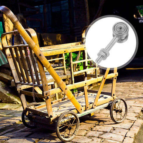 Heavy Duty Double Bearing Sliding Door Rollers With Rugged Steel Pulleys For Smooth Barn Track Glides Silver Finish on wooden cart