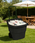 Versatile 15 Gallon Resin Lawn and Garden Cart For Yard Work Hauling Mulch Outdoor Storage with ice-filled container outdoors.