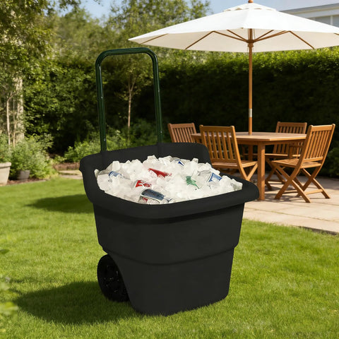 Versatile 15 Gallon Resin Lawn and Garden Cart For Yard Work Hauling Mulch Outdoor Storage with ice-filled container outdoors.