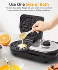 Person pouring batter on Dual Waffle Maker With Heart And Classic Plates, 2 Adjustable Temperature Knobs, Nonstick Surface, Easy Clean, Indicator
