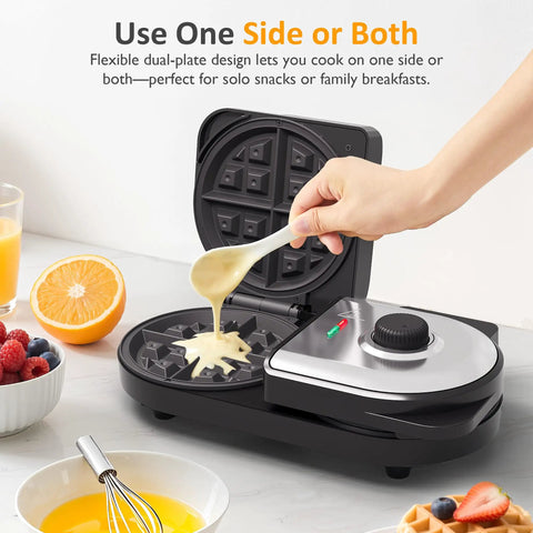 Person pouring batter on Dual Waffle Maker With Heart And Classic Plates, 2 Adjustable Temperature Knobs, Nonstick Surface, Easy Clean, Indicator