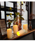 2 Pack Outdoor Flameless LED Pillar Candles With Remote And Timer, Waterproof Battery Operated, on a rustic shelf