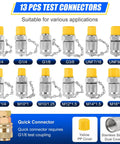 All-In-One Hydraulic Pressure Test Kit connectors, 13 couplings with yellow caps, compatible with various pipe sizes for excavators
