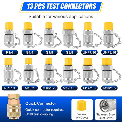 All-In-One Hydraulic Pressure Test Kit connectors, 13 couplings with yellow caps, compatible with various pipe sizes for excavators