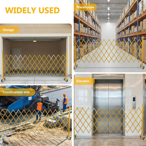Heavy Duty Rolling Scissor Barrier Expandable Steel Gate With Smooth Swivel Casters For Fast Job Site Lockdown Crowd Control and Tight Safety Perimeter Setup in garage, warehouse, construction site, and elevator.