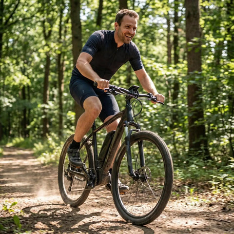 Person riding an e-bike through a forest, showcasing the Mid Drive Spider Adapter Ring For 130BCD Aluminum Alloy Chainring Adapter.