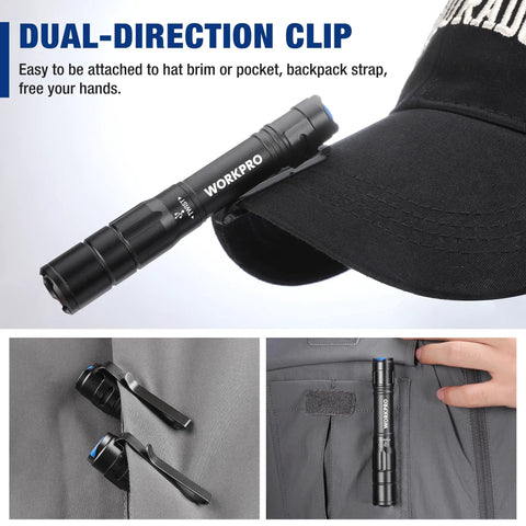 Rechargeable Mini Pen Light 2 Pack Ultra Compact EDC Flashlight clipped to hat and pocket