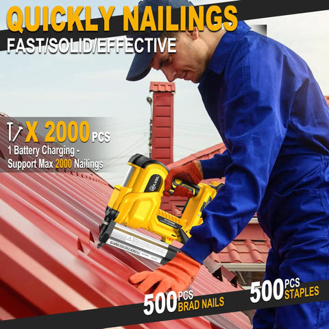 Heavy Duty 18 Gauge Cordless Brad Nailer And Electric Stapler Two In One Badass Driver With Dual 4.0 Ah Batteries used on roof.