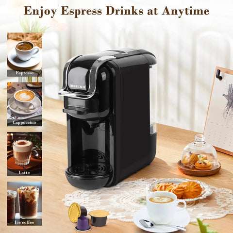 Compact 3 in 1 Espresso Maker For Nespresso Pods Lavazza Blue And Expert Capsules Plus Ground Coffee with cups and capsules