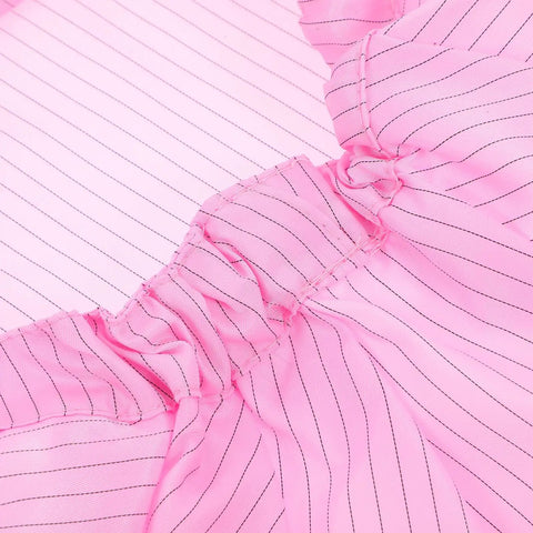 Close-up of the pink fabric and stitching details of the Hella Breathable Anti Static Mesh Work Cap Pink Dustproof Protective Hat.