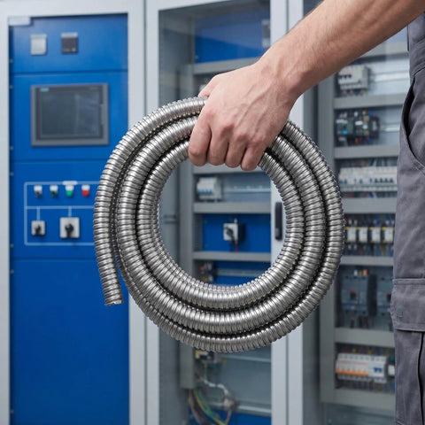 Kickass Stainless Steel Flexible Metal Conduit For Wire Protection 1 Inch X 9.8 Feet being held with a hand in an industrial setting.