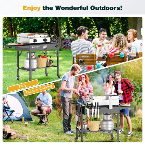 Portable Outdoor Grill Table Cart With Wheels used for a backyard BBQ, showcasing its folding stand and griddle compatibility.