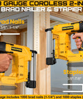 Boss Grade 18 Gauge Cordless Brad Nailer And Electric Staple Gun Two In One Workhorse showing brad nails and staple size options.