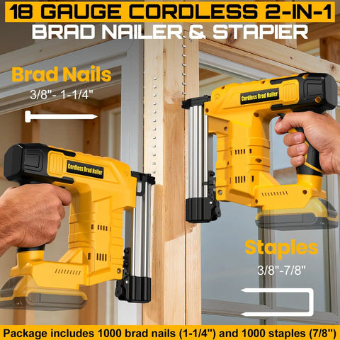 Zero Drama Badass 18 Gauge Cordless Brad Nailer And Stapler Set Loaded Up With Fasteners for DIY on wooden frame.