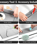 Close-up of Window Screen Repair Kit for Doors and Windows, 48 by 177 Inches, showing tools like screen spline and roller.
