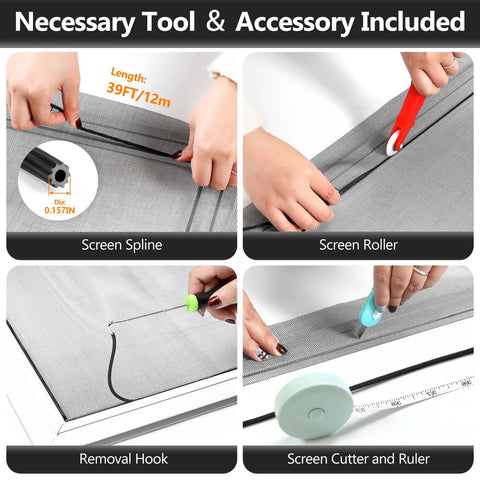 Close-up of Window Screen Repair Kit for Doors and Windows, 48 by 177 Inches, showing tools like screen spline and roller.