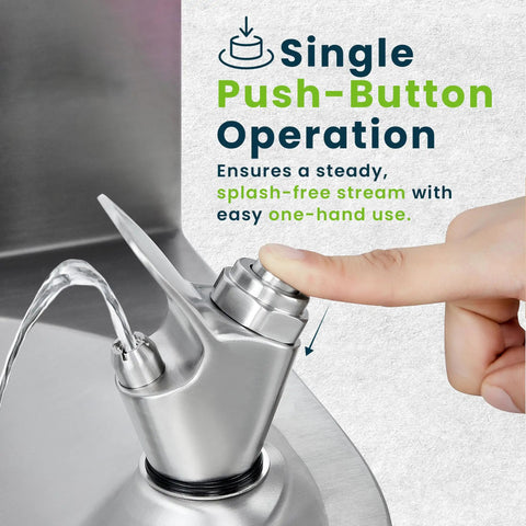 Close-up of a hand using push-button on Wall Mounted Water Drinking Fountain For Indoor And Outdoor Use A Heavy Duty Commercial Hydration Station Built For Schools Parks Courts And More Stainless Steel.