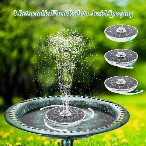 Six Point Five Watt Solar Fountain Pump With Color Changing LED Lights in bird bath showing water spray and anti-drift rods.
