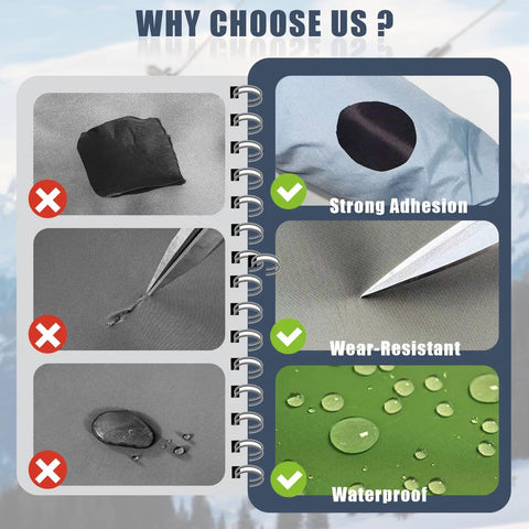 Comparison of features highlighting strong adhesion, wear-resistant, and waterproof properties of 3 By 79 Inch Nylon Repair Patch Self Adhesive Fabric Tape For Tent Umbrella Down Jacket Sleeping Bag Backpack Knapsack Gear Outdoor Camping Ripstop Patch Kit Must Have Quick Repairs.