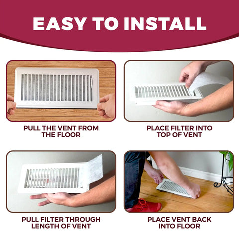 Installation of 24 Pack 4x10 Floor Vent Register Filters For Easy Home Use Polyester Air Filter That Reduces Dust And Allergies Improves Airflow 90 Day Filtration For All Seasons