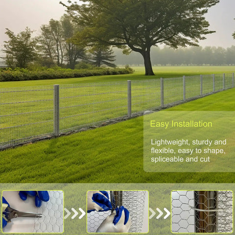 Beefy Hexagonal Chicken Wire Fencing 16 5 Inches High 60 Feet Long shown in yard installation with flexible mesh and easy snip options.