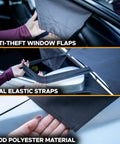 Universal Windshield Cover For Ice And Snow showing anti-theft flaps, elastic straps, and 600D polyester fabric material detail.