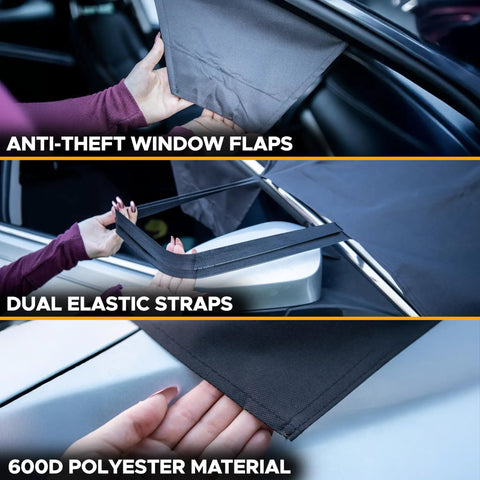 Universal Windshield Cover For Ice And Snow showing anti-theft flaps, elastic straps, and 600D polyester fabric material detail.