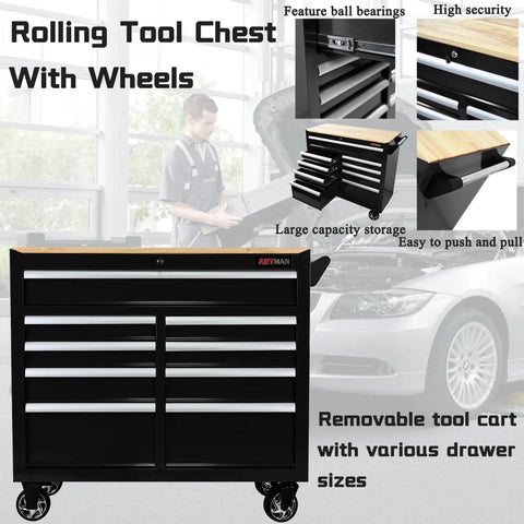 Beefy 9 Drawer Rolling Tool Chest On Wheels With Wood Top Heavy Duty Steel Tool Cabinet For Garage Workshop Or Warehouse Large Capacity Tool Organizer For Tools Parts And Gear, black
