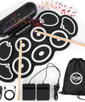 9 Pad Portable Roll Up Drum Kit With USB MIDI Bluetooth showing pads, sticks, pedals, speakers, and carrying bag