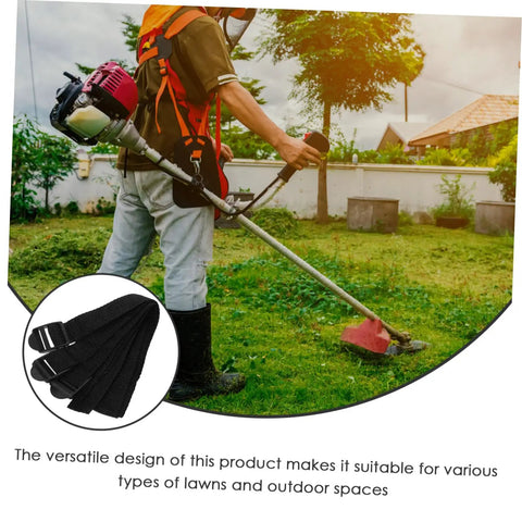 Person mowing lawn with Adjustable Lawn Aerator Shoes Straps 8 Pack Heavy Duty Spiked Sandals For Garden Aeration and Grass Maintenance Manual Soil Loosening Tool For Healthier Lawns inset photo of black straps