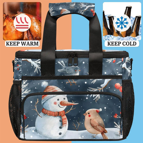 Insulated Picnic Backpack Lunch Box for Outdoors and Work, Big 12x8.7x10 Inch Carryall Cooler Tote with snowman design