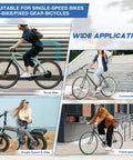 People riding various bikes: road bike, commuter bike, single-speed e-bike, fixed-gear bike; suitable for single-speed and fixed gear applications.