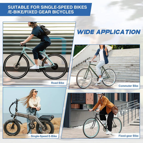 People riding various bikes: road bike, commuter bike, single-speed e-bike, fixed-gear bike; suitable for single-speed and fixed gear applications.
